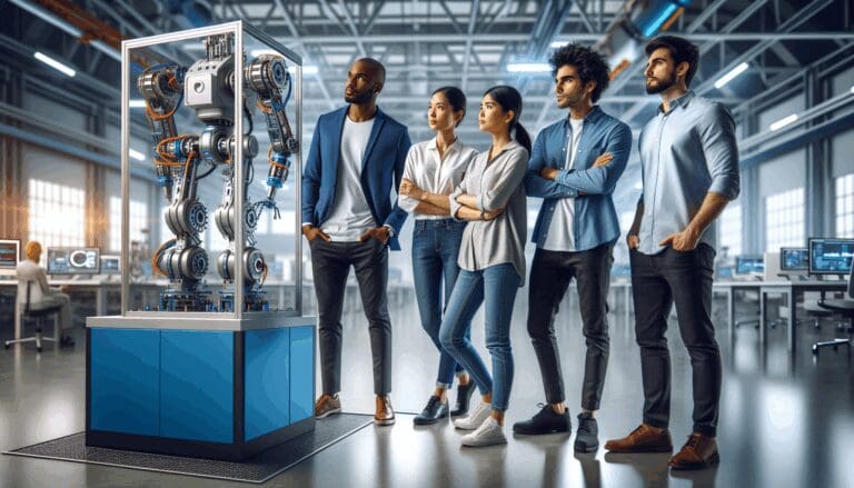 Equipo de ingenieros observando un robot industrial en un laboratorio moderno y luminoso.
