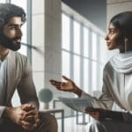 Primer plano de dos fundadores diversos conversando en una moderna oficina de tecnología.