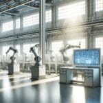 Robótica avanzada y computadoras en una planta industrial moderna, con luz natural y ambiente de alta tecnología.