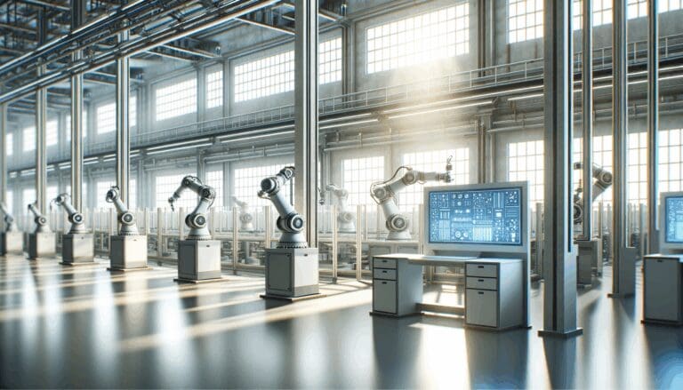 Robótica avanzada y computadoras en una planta industrial moderna, con luz natural y ambiente de alta tecnología.