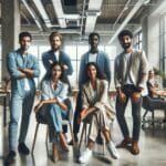 Grupo diverso de emprendedores reunidos en un moderno espacio de coworking con ambiente de colaboración.