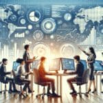 Representación digital de un equipo de trabajo revisando datos frente a computadoras, con fondo de gráficos tecnológicos.