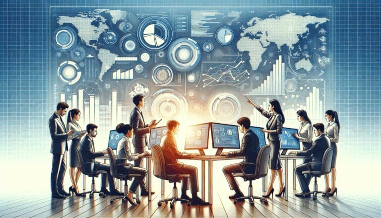 Representación digital de un equipo de trabajo revisando datos frente a computadoras, con fondo de gráficos tecnológicos.