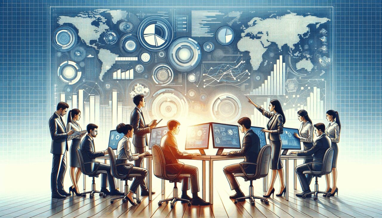 Representación digital de un equipo de trabajo revisando datos frente a computadoras, con fondo de gráficos tecnológicos.