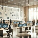 Oficina moderna con equipos tecnológicos, personal colaborando en espacios abiertos y pantallas con gráficos de datos.