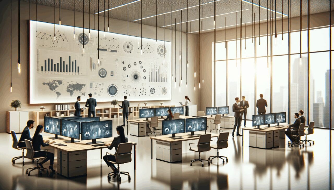 Oficina moderna con equipos tecnológicos, personal colaborando en espacios abiertos y pantallas con gráficos de datos.