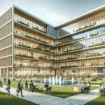 Exterior de un edificio moderno de innovación con personas colaborando en áreas verdes