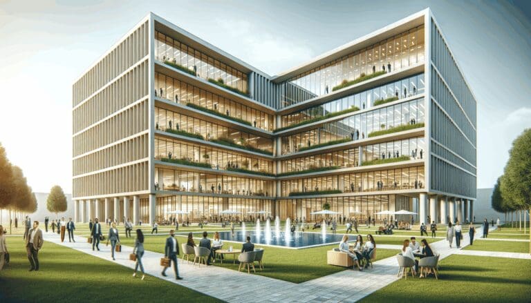 Exterior de un edificio moderno de innovación con personas colaborando en áreas verdes