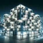 Vista moderna de un edificio urbano con departamentos iluminados.