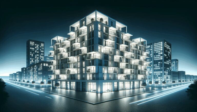 Vista moderna de un edificio urbano con departamentos iluminados.