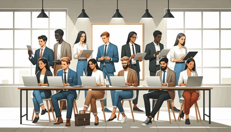 Foto de jóvenes emprendedores trabajando juntos en una oficina moderna, con laptops y pizarras, en un ambiente colaborativo.