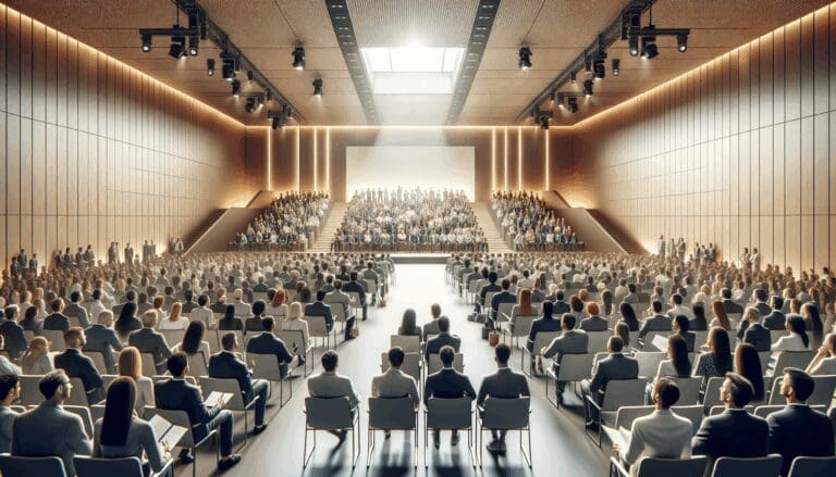 Auditorio moderno lleno de emprendedores participando en un evento de innovación.