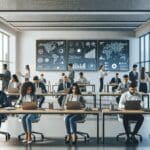 Oficina moderna con jóvenes emprendedores colaborando en laptops rodeados de pantallas con gráficos e innovaciones tecnológicas.