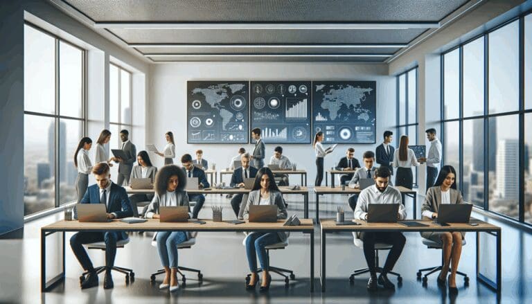 Oficina moderna con jóvenes emprendedores colaborando en laptops rodeados de pantallas con gráficos e innovaciones tecnológicas.