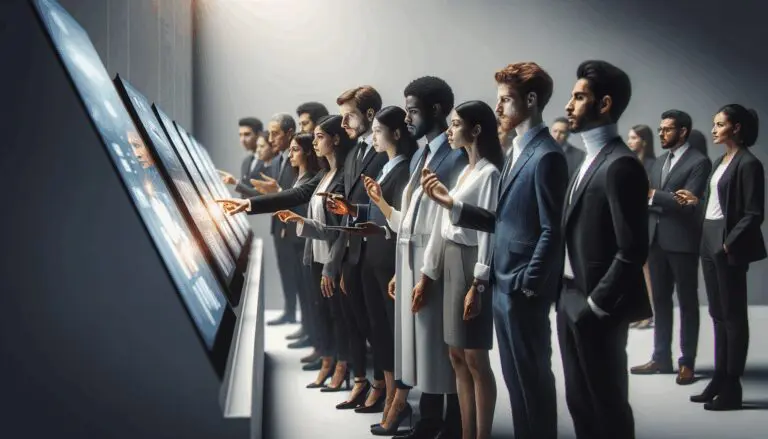 Participantes en una exposición de alta tecnología observando pantallas interactivas.