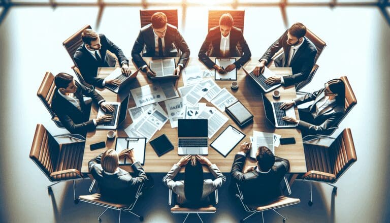 Fotografía de una reunión profesional entre emprendedores y asesores legales, laptops y documentos sobre la mesa en un entorno moderno.