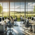 Oficina moderna en un entorno rural, con jóvenes trabajando en computadoras rodeados de naturaleza.