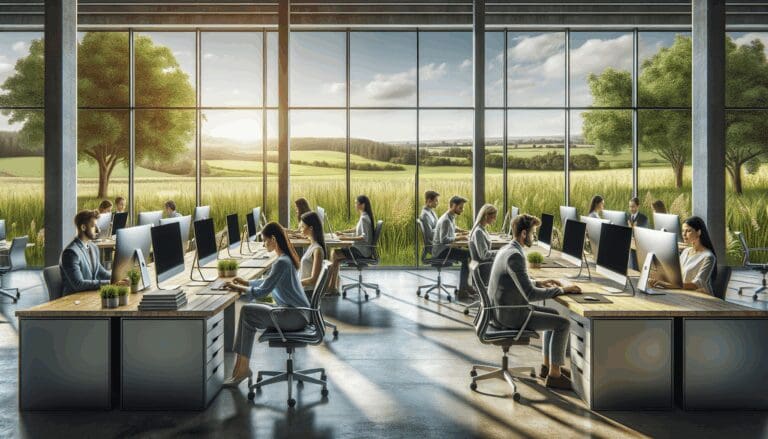 Oficina moderna en un entorno rural, con jóvenes trabajando en computadoras rodeados de naturaleza.