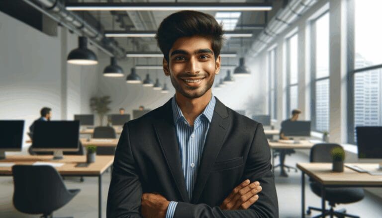 Retrato profesional de un joven emprendedor en un entorno moderno de coworking tecnológico.