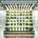 Cultivos verticales en un invernadero moderno con luces LED y tecnología avanzada.