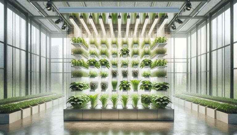 Cultivos verticales en un invernadero moderno con luces LED y tecnología avanzada.