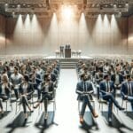 Fotografía de un auditorio repleto de emprendedores y líderes tecnológicos en una conferencia moderna.
