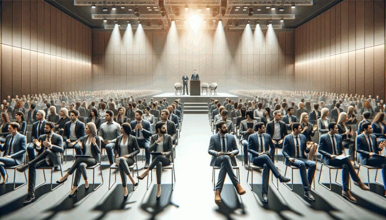 Fotografía de un auditorio repleto de emprendedores y líderes tecnológicos en una conferencia moderna.