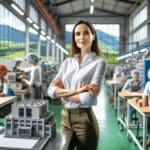 Mujeres emprendedoras trabajando en una fábrica moderna situada en una zona rural verde y montañosa.