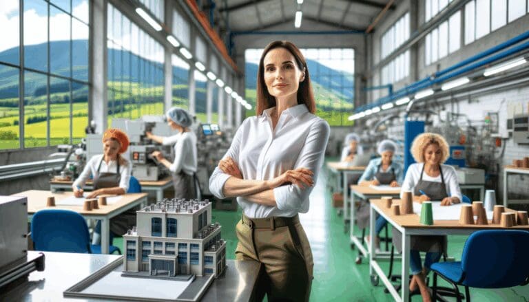 Mujeres emprendedoras trabajando en una fábrica moderna situada en una zona rural verde y montañosa.