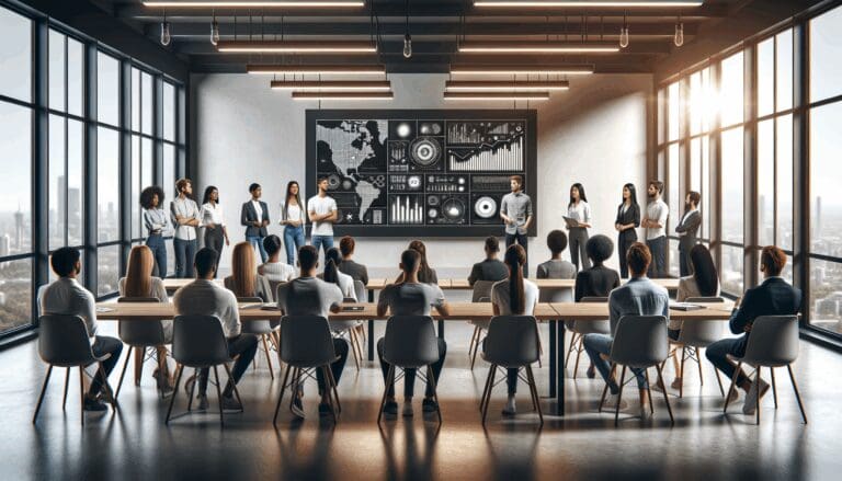 Grupo diverso de emprendedores presentando su idea en un espacio moderno de coworking con pantallas digitales y ambiente tecnológico.