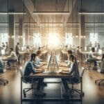 Oficina moderna con jóvenes emprendedores trabajando frente a computadoras, ambiente innovador y tecnológico.