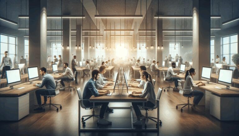 Oficina moderna con jóvenes emprendedores trabajando frente a computadoras, ambiente innovador y tecnológico.