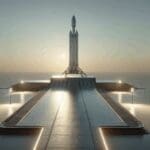 Fotografía de una plataforma de lanzamiento espacial moderna al amanecer, con un cohete sobre la rampa y cielo despejado.