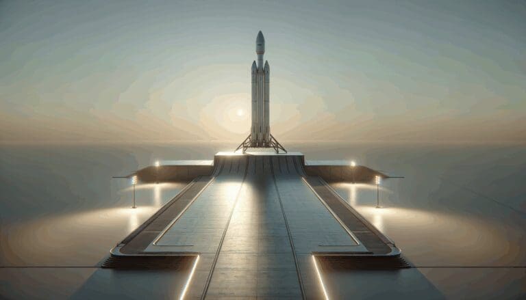 Fotografía de una plataforma de lanzamiento espacial moderna al amanecer, con un cohete sobre la rampa y cielo despejado.