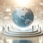 Render de una plataforma digital de mapas 3D sobre un fondo claro y moderno, mostrando innovación tecnológica.