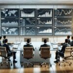 Reunión de trabajo en una moderna oficina con laptops y pantallas mostrando gráficos de inversión.