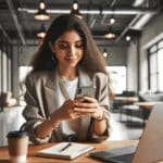 Mujer joven usando su smartphone cerca de una laptop en un espacio de coworking moderno y luminoso.