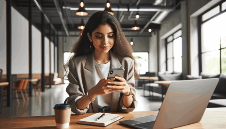 Mujer joven usando su smartphone cerca de una laptop en un espacio de coworking moderno y luminoso.