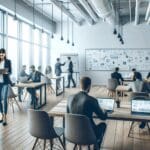 Espacio de coworking moderno con emprendedores colaborando en laptops y pizarras al fondo.