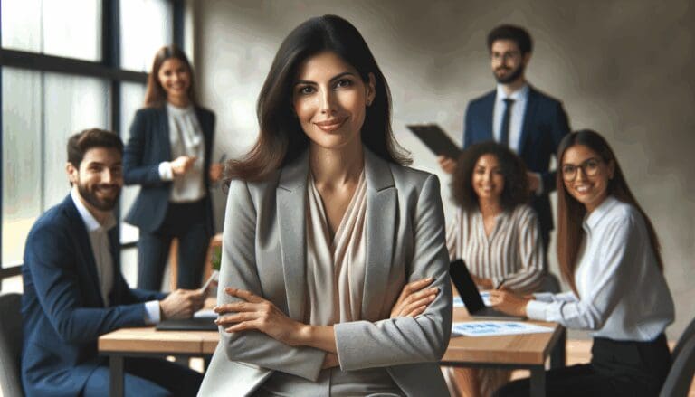 Retrato profesional de una líder empresarial rodeada de emprendedores en un espacio de coworking moderno.
