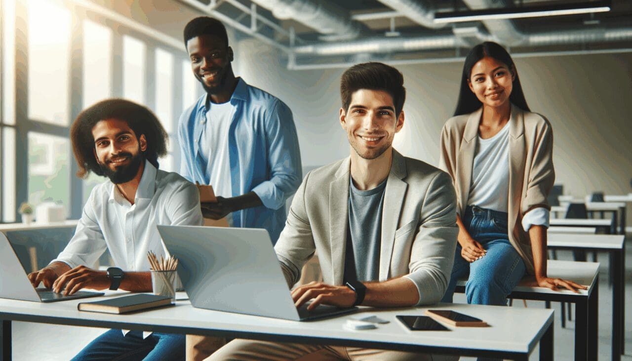 Equipo diverso de jóvenes empresarios trabajando en tecnología avanzada, en un espacio coworking con estilo moderno.