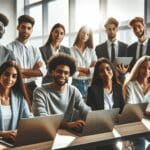Equipo multicultural de jóvenes emprendedores trabajando en laptops en una oficina moderna y luminosa.
