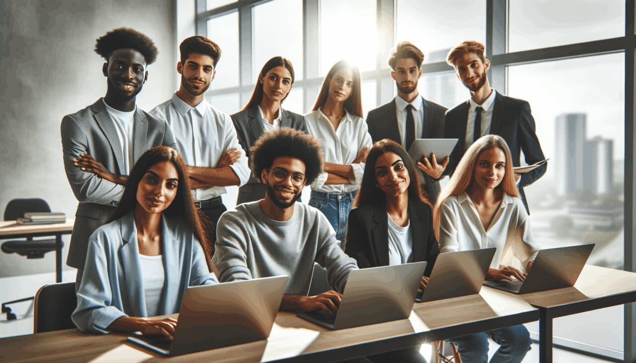 Equipo multicultural de jóvenes emprendedores trabajando en laptops en una oficina moderna y luminosa.