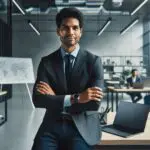 Retrato de un emprendedor latinoamericano trabajando en una oficina moderna, con laptops y pizarras en el fondo.