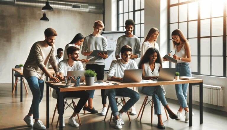 Jóvenes emprendedores colaboran en un espacio de coworking moderno y luminoso con laptops y pizarras.