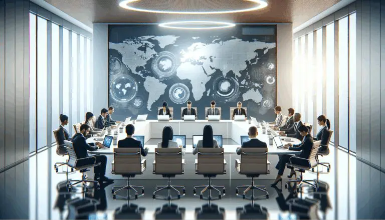 Sala moderna de reuniones con equipos internacionales colaborando en laptops, ambiente de negocios tecnológicos.