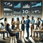 Grupo de emprendedores en una oficina moderna revisando gráficos financieros digitales en pantallas.