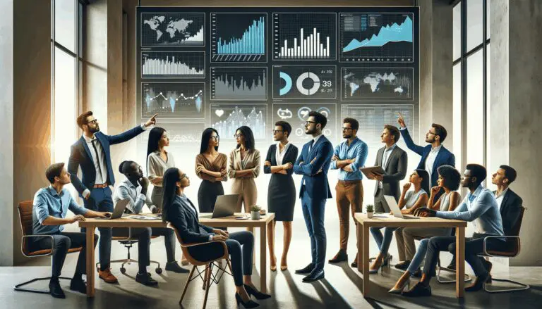 Grupo de emprendedores en una oficina moderna revisando gráficos financieros digitales en pantallas.