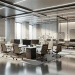 Oficina moderna con equipos de trabajo en tecnología, ambiente colaborativo y luz natural.