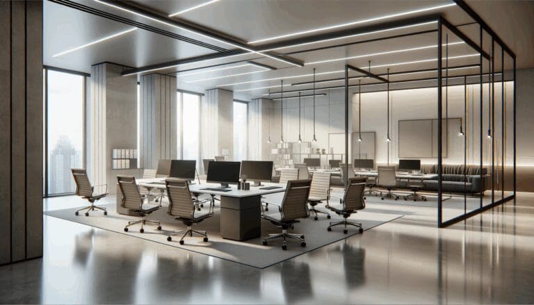 Oficina moderna con equipos de trabajo en tecnología, ambiente colaborativo y luz natural.